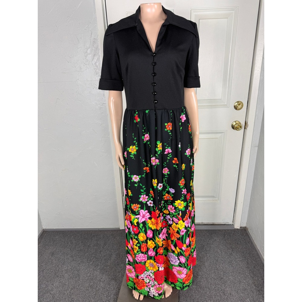 Vintage 70s Polyester Knit Dress Floral Maxi Point Collar Short Sleeve Retro V4